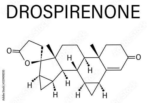 Drospirenone contraceptive drug molecule. Progestin used in birth control pills. Skeletal formula.
