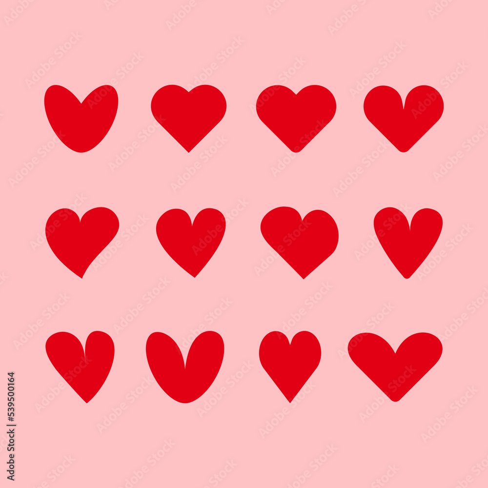 Cute red different hearts for Valentine's day. Romantic red different hearts of shapes isolated on pink Cute red different hearts for Valentine's day. Romantic red different hearts of shapes isolated on pink