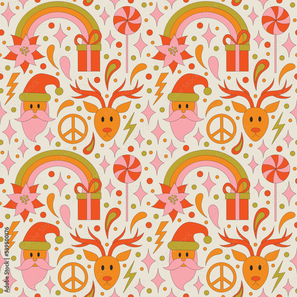 Seamless pattern with retro 70s style Christmas elements with poinsettia flower and a rainbow. Merry Christmas holiday. Winter simple minimalist background with peace symbol. 1970 good vibes. 