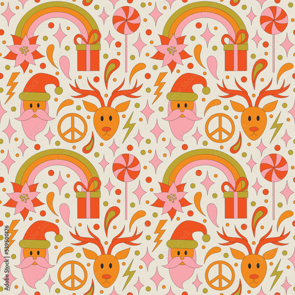 Obraz premium Seamless pattern with retro 70s style Christmas elements with poinsettia flower and a rainbow. Merry Christmas holiday. Winter simple minimalist background with peace symbol. 1970 good vibes. 