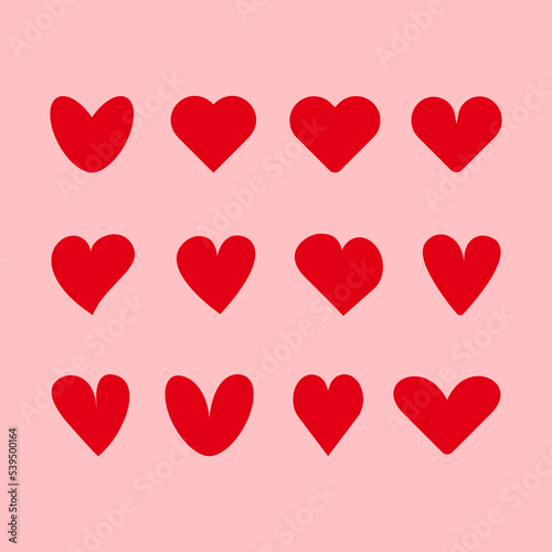 Cute red different hearts for Valentine's day. Romantic red different hearts of shapes isolated on pink