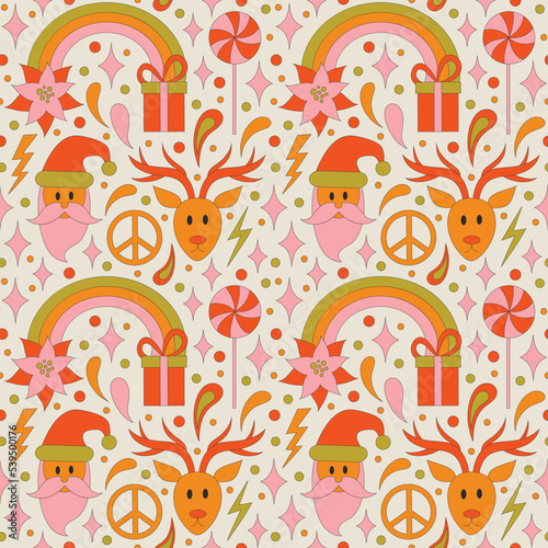 Seamless pattern with retro 70s style Christmas elements with poinsettia flower and a rainbow. Merry Christmas holiday. Winter simple minimalist background with peace symbol. 1970 good vibes.  © Oksana