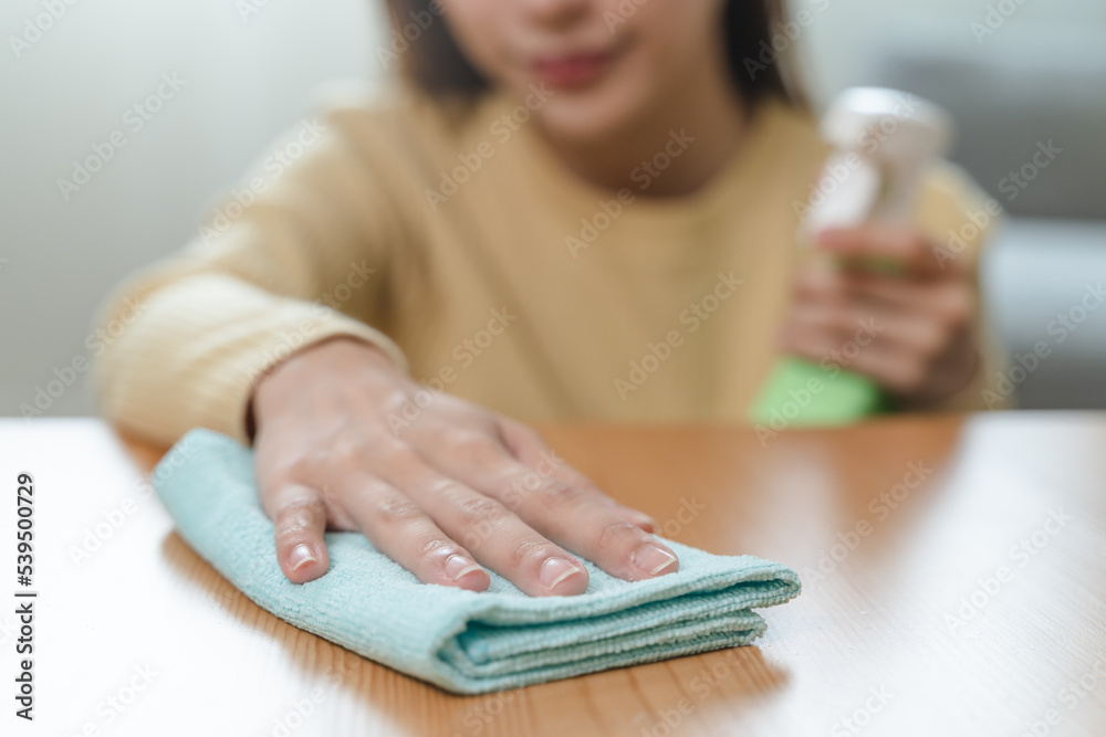 happy Female housekeeper service worker wiping table surface by cleaner product to clean dust. happy Female housekeeper service worker wiping table surface by cleaner product to clean dust.