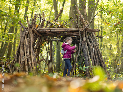 Bild auf Leinwand une petite fille et sa cabane en bois en forêt