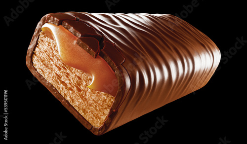 Delicious chocolate bar with caramel. 3d illustration. Isolated on background. photo