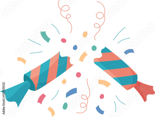 Christmas cracker isolated. Flat vector illustration of broken holiday cracker and confetti. Cute colorful Xmas, New Year and birthday design element