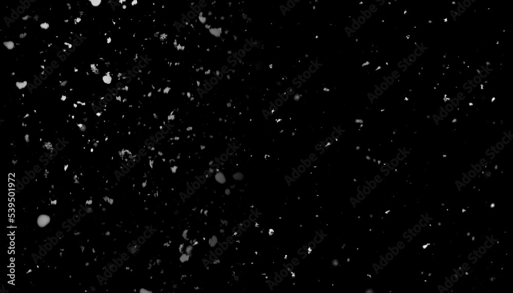 Snowfall, heavy snow, seasonal texture on black background as overlay