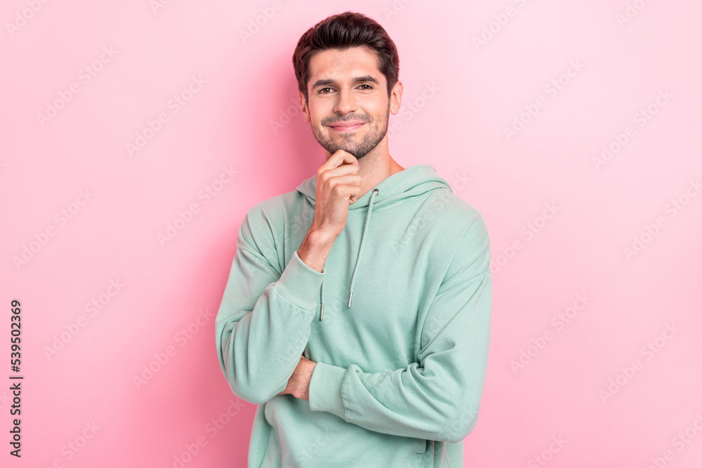 Fototapeta premium Photo of positive cheerful guy touch chin minded thinking about solution his problem genius idea wear khaki sweater isolated on pink color background