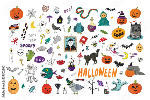 Halloween doodles vector illustrations set.