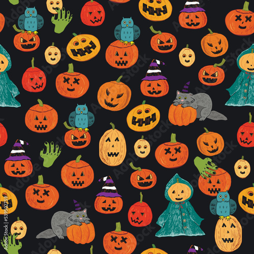 Halloween pumpkin doodles seamless vector pattern.