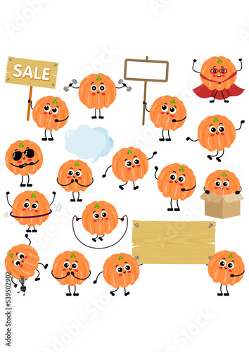 Set of digital elements with cute orange pumpkin mascot