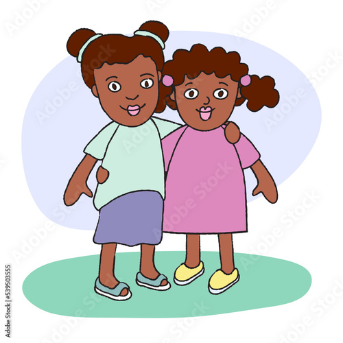 Portrait of two afro sisters or friends. Two schoolgirls hugging each other