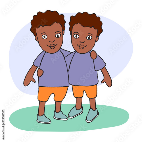 Portrait of afro twin brothers. Two identical boys hugging each other
