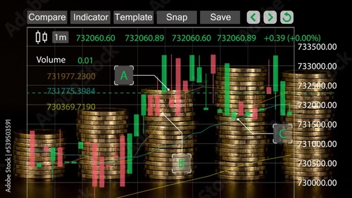 Stock Market Chart with stop motion piles of gold money coins decreasing fading disappear on black background, financial trading concept, Seamless Looping- 4K Ultra HD.