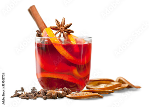 Hot red mulled wine isolated on white background
