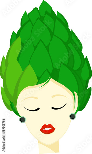 Vegan day poster. Artichoke. Girl with green hair.Vegetarianism