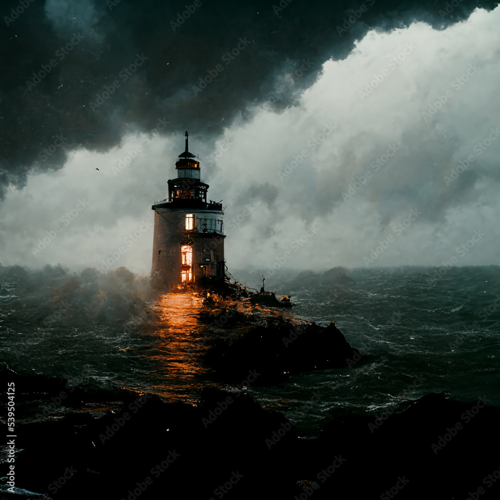 A lighthouse in the sea during a storm. A dark lighthouse on the water. Rough sea at sunset.