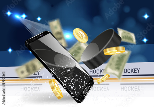 Online betting vector poster banner design template. Mobile phone, trophy award cup and dollar coins.