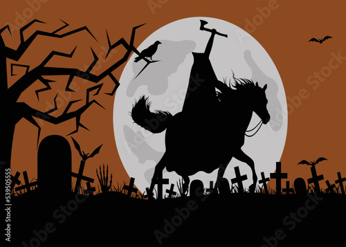 Headless horseman with an axe in his hand on a cemetery background