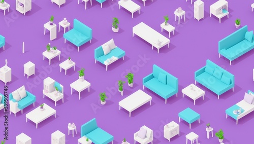 Seamless pattern 3d rendered isometric room with furnitures 