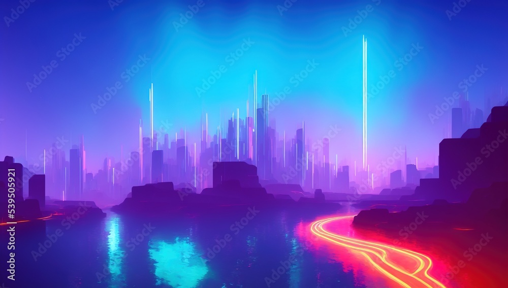 a digital painting of a river running through a neon night city in retrofuturism 