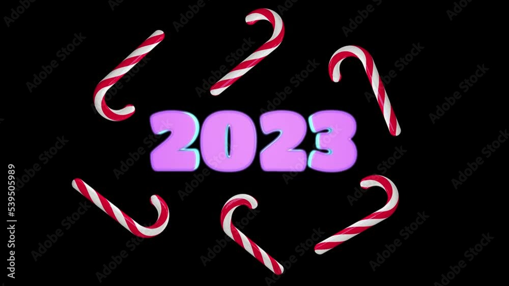 3D animation of congratulations on the New Year 2023. Funny animation of numbers and lollipops, on a black background. 3D animation of congratulations on the New Year 2023. Funny animation of numbers and lollipops, on a black background.