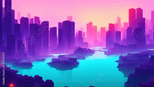 a digital painting of a river running through a neon night city in retrofuturism 