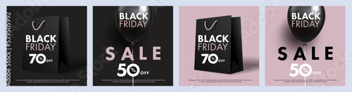 Black Friday Sale banners. Posters Set in black and pink colors with 3d realistic helium balloons, black paper bag and modern typography. Modern template for print, advertising, social and fashion ads