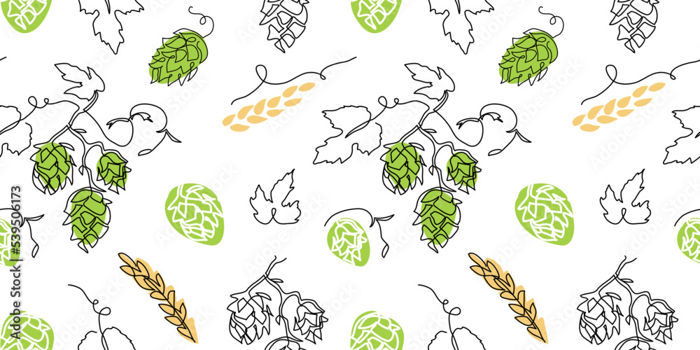 Fototapeta premium Hop cones vector pattern. One continuous line art drawing. Branch of hops with barley spikelet pattern for beer or ale label design