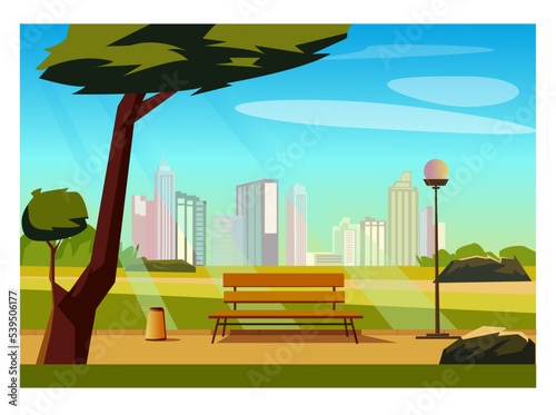 City park flat color vector illustration. Green space to residents. Sustainable neighborhood. Public place for relaxation and jogging 2D simple cartoon landscape with city on background