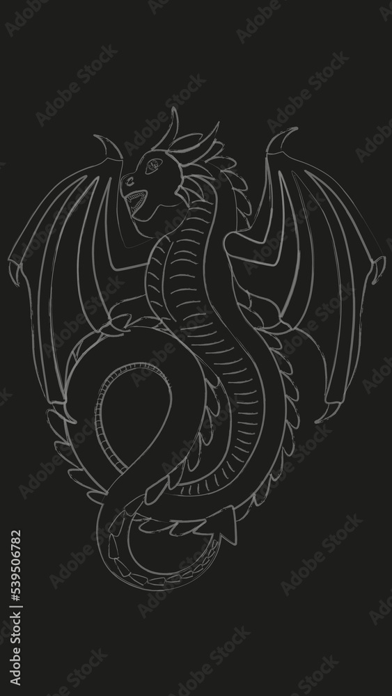 Black and white flying contoured dragon vector illustration