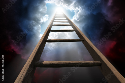 Wooden ladder rise beyond dark clouds leading up to heaven