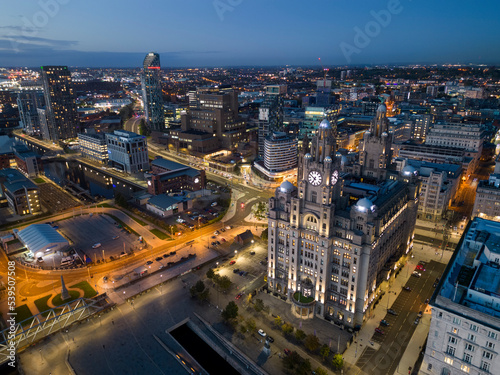 Cityscape aerial view of The Liver Building, Merseyside, England