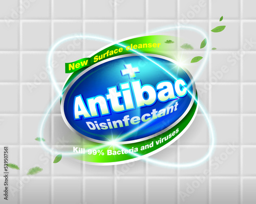 Antibacterial disinfectant products logo template For the production of packaging labels and advertising design. White tile background.