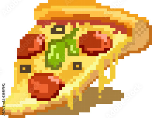 A delicious slice of pizza for a retro video game. A hearty lunch or dinner, a snack. Pizza with pepperoni sausage, mozzarella cheese, lettuce leaf and baked crust