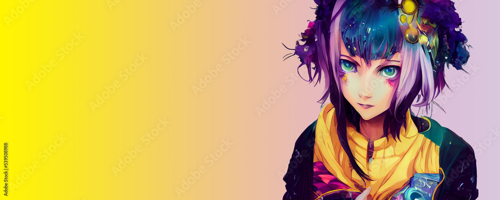 Obraz premium Cyberpunk anime girl with purple hair, digital illustration, created with generative ai