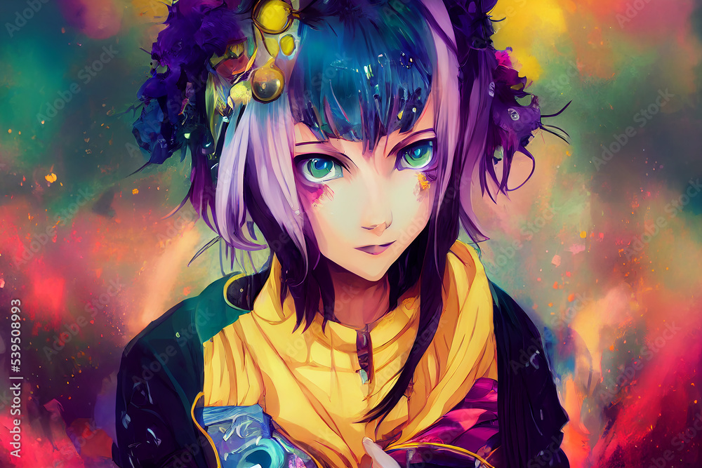 Cyberpunk anime girl with purple hair, digital illustration, AI-generated image - obrazy, fototapety, plakaty 