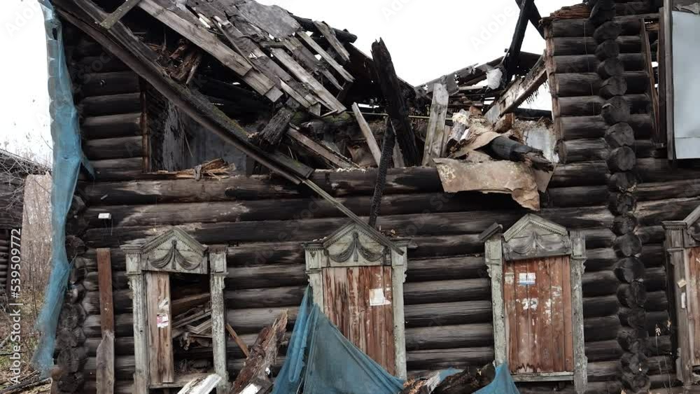 Wooden ruined house from old age housing for demolition Wooden ruined house from old age housing for demolition