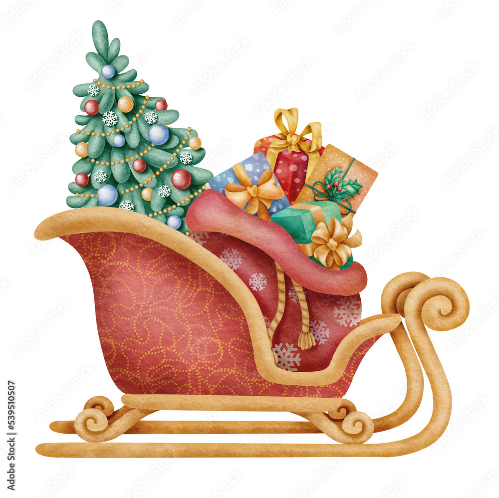 Santa sleigh with gifts and Christmas tree Stock Illustration | Adobe Stock