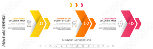 Vector timeline infographics with three steps, icons, flowchart, workflow and process infographic. Illustration template with arrows.