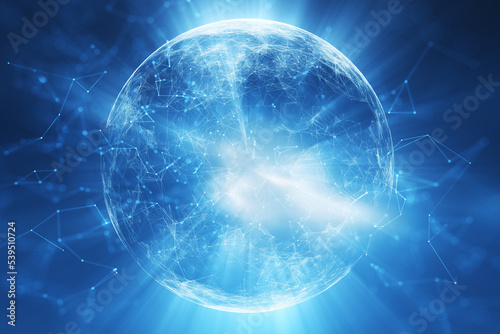 Digital shine glow sphere cyberspace technology. Copy space illustration background.