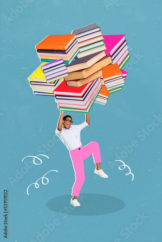 Composite collage image of strong busy woman student lifting hold pile stack book education knowledge prepare exam test homework overcome