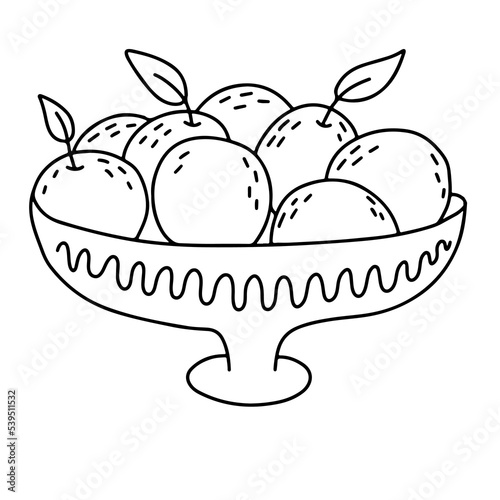 Ripe oranges in ceramic bowl illustration isolated on white background. Harvest of organic oranges. Hand drawn. Doodle style.