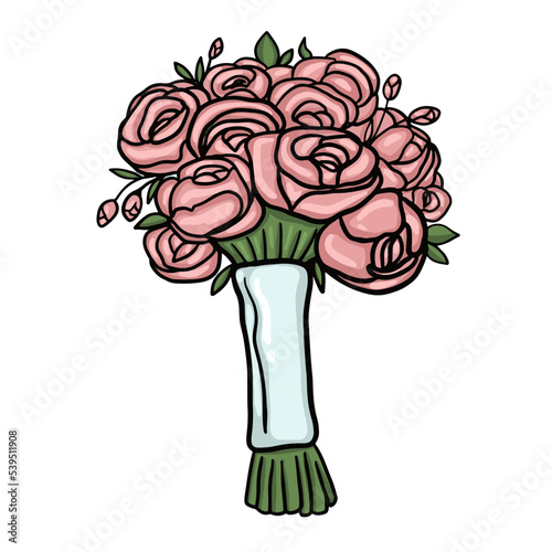 Peony doodle bouquet. Hand drawn vector doodle illustration of wedding bouquet, peony pink flowers cartoon color doodle. Design for wedding cards, invitations, etc.
