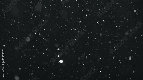 White dust particles floating in the air on black background. Slow motion. 