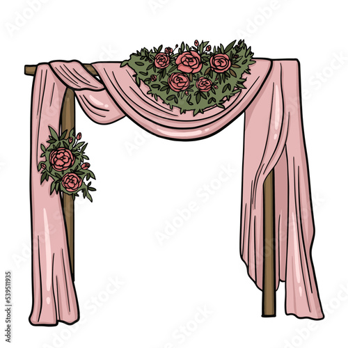 Wedding arch. Hand drawn vector doodle illustration of pink wedding arch decorated with roses flowers. Design for wedding cards, invitations, backgrounds, maps. 