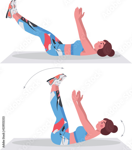Reverse crunch, young female athlete doing fitness exercise, fitness at home.