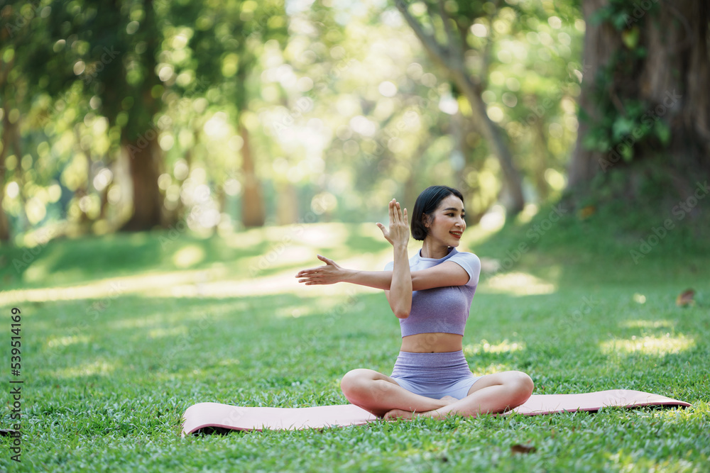 Beautiful young asian woman yoga exercising in the park. Beautiful young asian woman yoga exercising in the park.