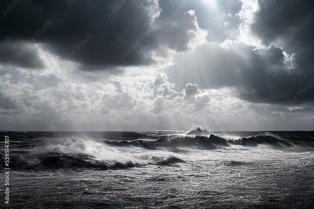 Ocean Waves with horizon and Coast and cloudy weather