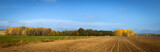 panorama october landscape - autumn sunny day, beautiful trees with colorful leaves, Poland, Europe, Podlasie, forest near the cultivated field